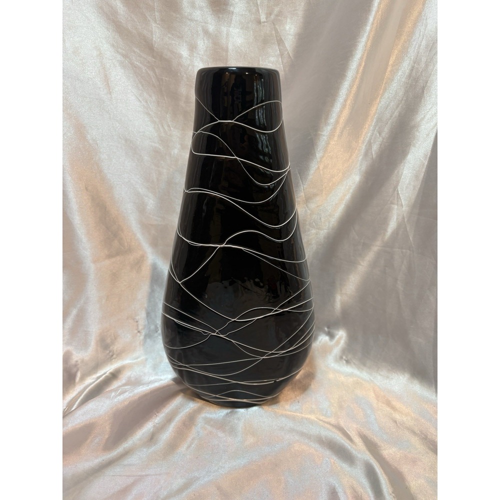 Hand Blown Art Glass Vase 14" Black w White Threads Heavy Texture Quality